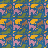 IMAGE SHOWS A GEOMTERIC PRINT MADE FROM 4 DIFFERENT CAT SILHOUETTES. EACH CAT SILHOUETTE IS DIFFERENT IN COLOR, SIZE AND SHAPE.  