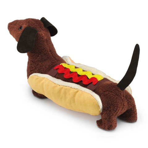 back view of Dachshund puppet. Hotdog bun on both sides of the puppet, topped with ketchup and mustard. 