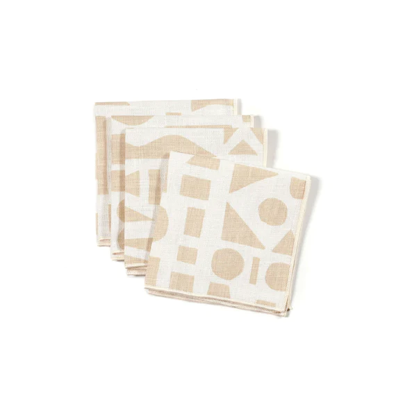 Set of 4 napkins neatly stacked on each other. The napkin has an off-white background color and a tan geometric print.