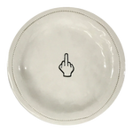 ROUND DISH WITH HAND SHOWING MIDDLE FINGER. 