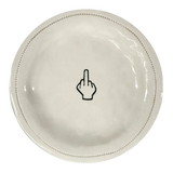 ROUND DISH WITH HAND SHOWING MIDDLE FINGER. 