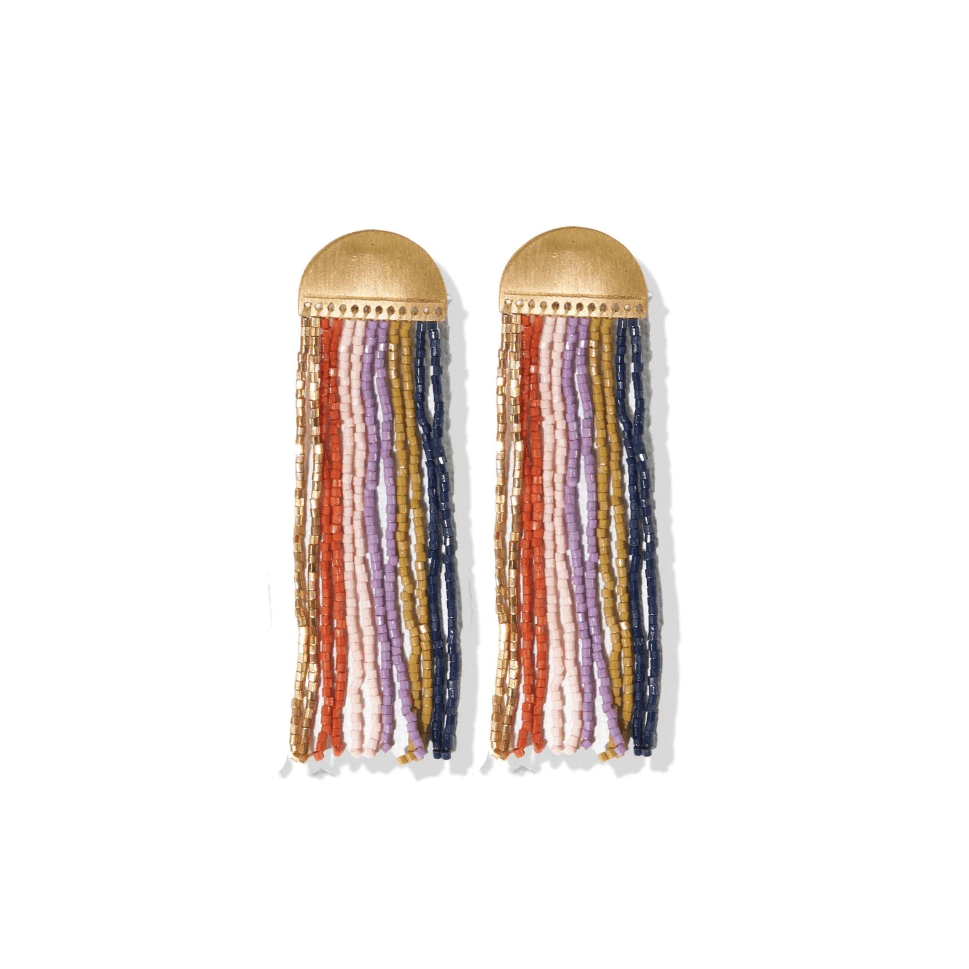 Lilac Stripe Fringe Beads Brass Half Circle Post Earrings