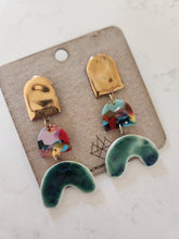 Load image into Gallery viewer, TIERED RAINBOW + EMERALD ARCH EARRINGS
