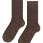 light brown cashmere socks lay flat against a white background. 