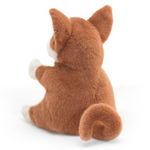 rear point of view shiba inu puppy puppet with a focus on its curled tail and pointy ears. 