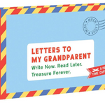 Cover art of book is deigned to look like a letter youd receive in the mail. Rectangular in shape, a small stamp illustration in the top right corner with a primarily blue back ground. Red, yellow and blue stripes border the covers edge. 