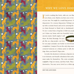 INSIDE IMAGE OF THE BOOK- ONE PAGE IS COVERED IN A GEOMETRIC PRINT MADE FROM DOG SILHOUTTES WHILE THE OTHER PAGE EXPLAINS "WHY WE LOVE DOGS"