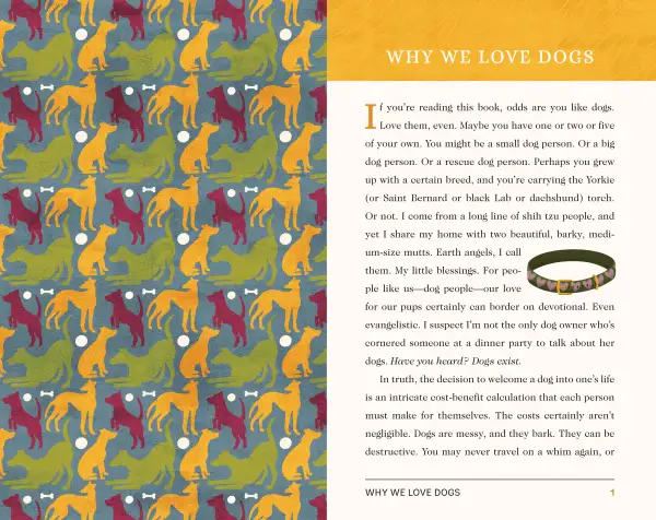 INSIDE IMAGE OF THE BOOK- ONE PAGE IS COVERED IN A GEOMETRIC PRINT MADE FROM DOG SILHOUTTES WHILE THE OTHER PAGE EXPLAINS "WHY WE LOVE DOGS"
