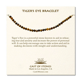 Bracelet displayed on a tan information card. Theres information on the stones and a company logo centered under the information.