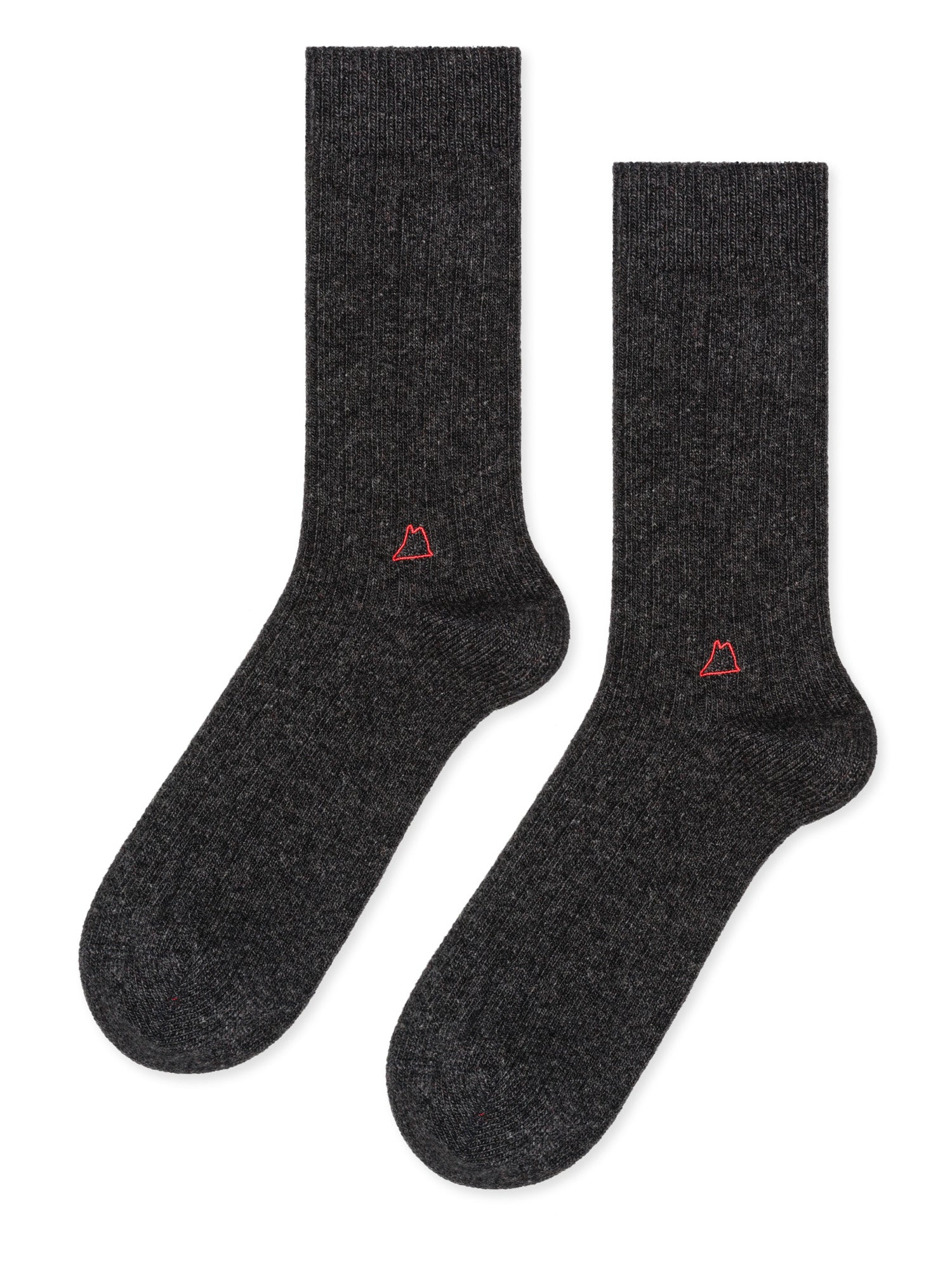 gray cashmere socks lay flat against a white background. 