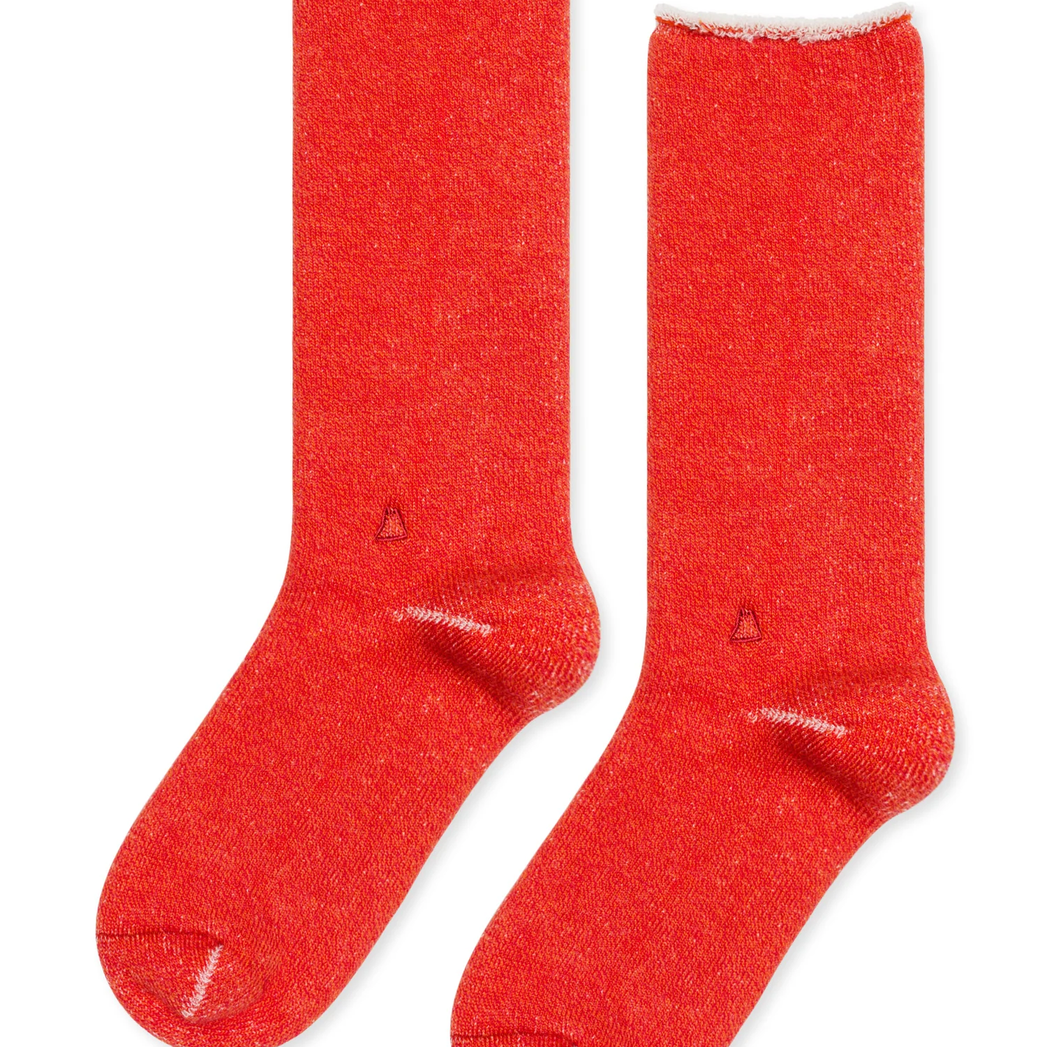 red pair of hoodie socks. Laid flat on top of a white background. 
