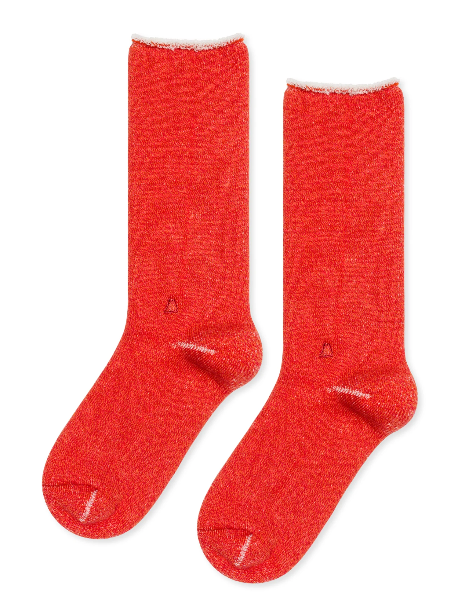 red pair of hoodie socks. Laid flat on top of a white background. 