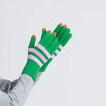 STRIPED TOUCHSCREEN GLOVES IN KELLY GREEN ON MODEL