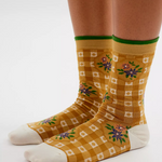 al fresco socks being worn. YOu can see the plaid and flower detailing. 