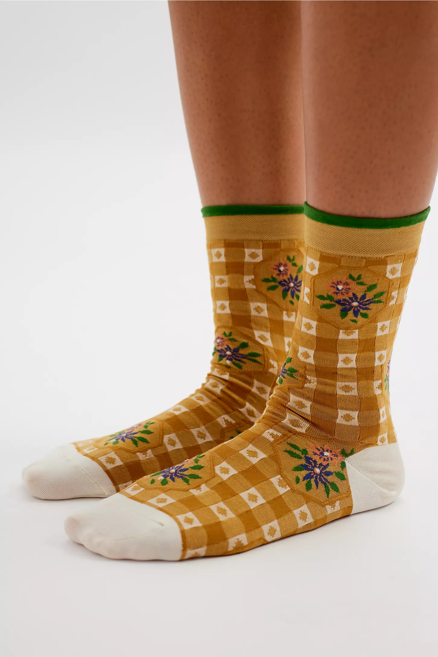 al fresco socks being worn. YOu can see the plaid and flower detailing. 