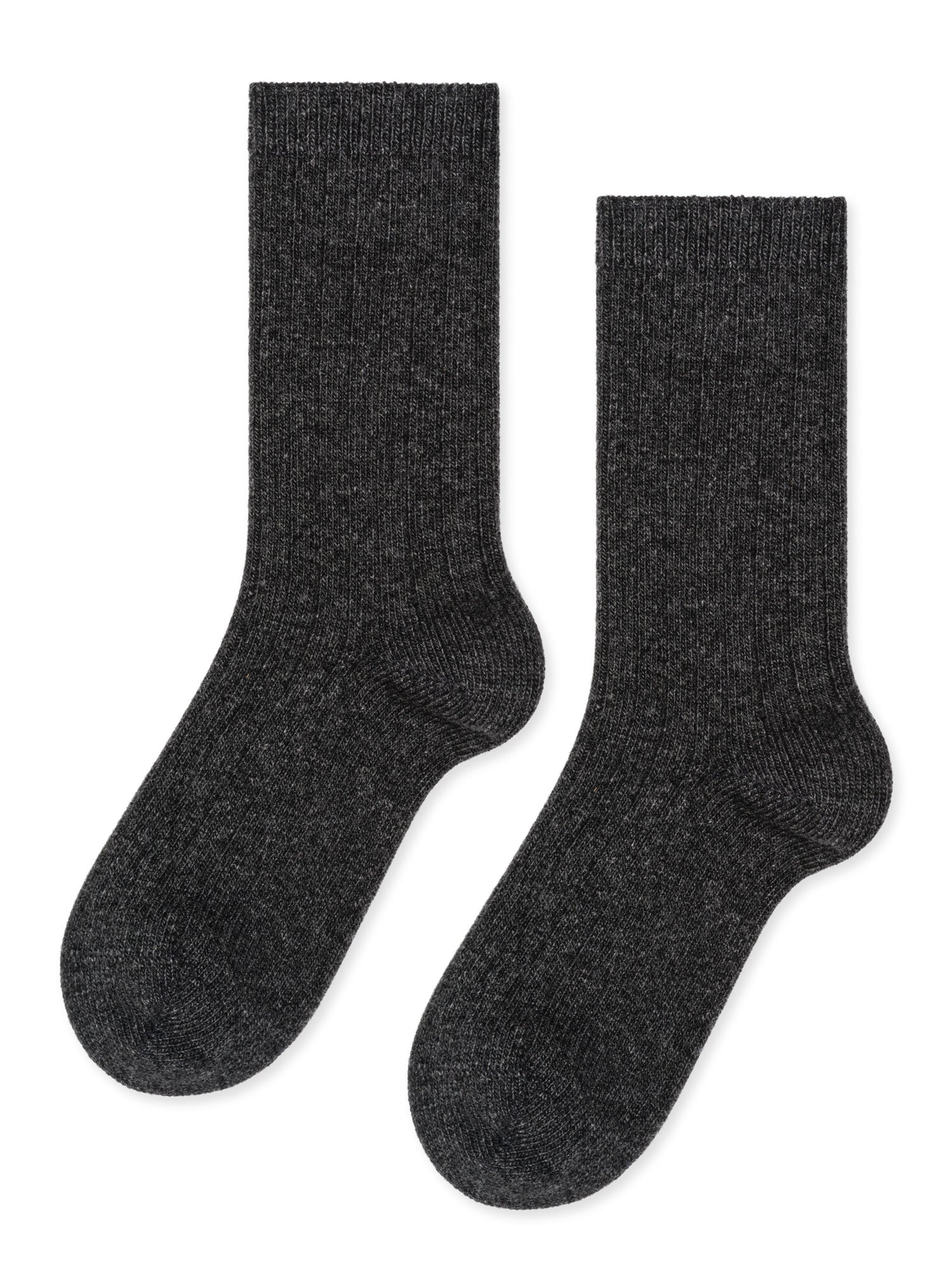 gray ribbed cashmere socks lay flat against a white background. 