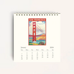 a peek inside the caledar displaying the Golden Gate Bridge on the top portion of the page and the calendar grid displayed on the bottom. 