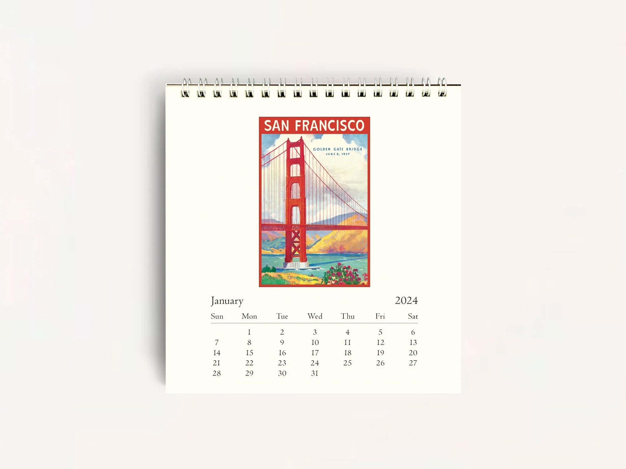 a peek inside the caledar displaying the Golden Gate Bridge on the top portion of the page and the calendar grid displayed on the bottom. 