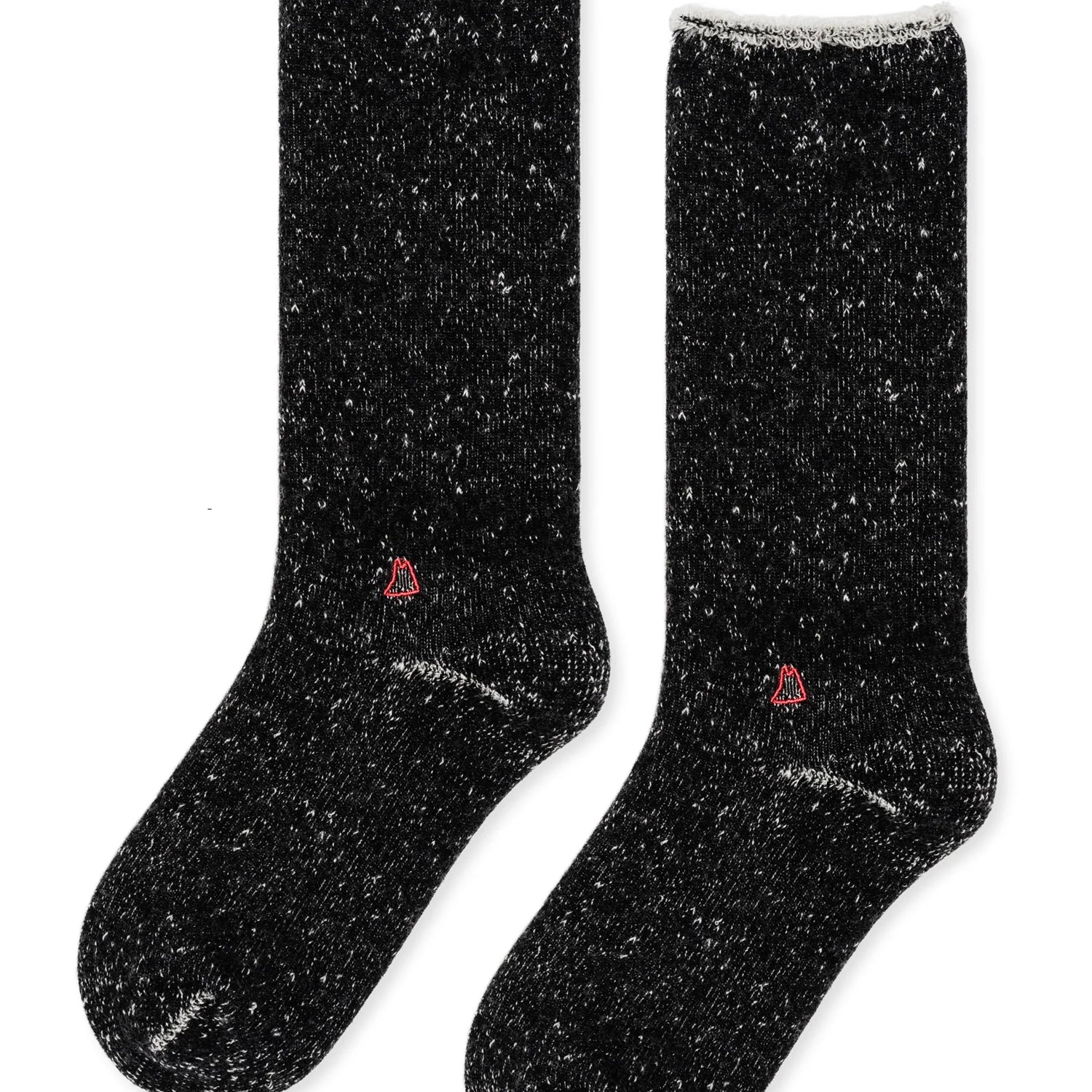 pair of black wool socks with small white flecks in the material. The pair of socks is laid flat on top of a white background. 