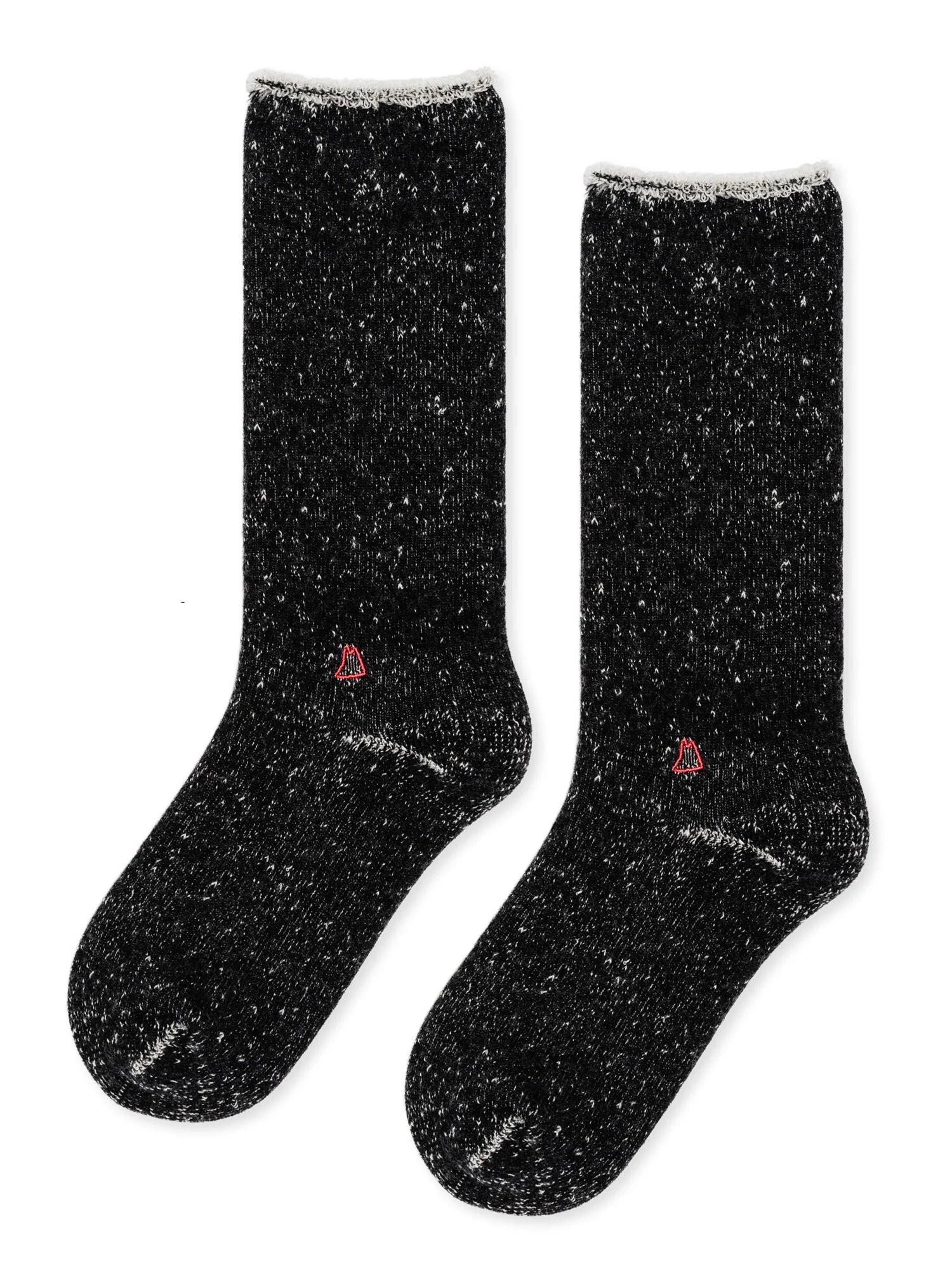 pair of black wool socks with small white flecks in the material. The pair of socks is laid flat on top of a white background. 