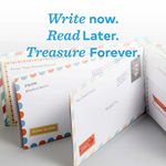 Image  shows the book opened, with prompts somewhat visible. The designs on the envelops that the prompts are on vary in style and color.  "write now, read later,  treasure forever." is written in blue text at the top of the photo. 