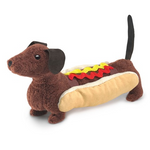 small brown Dachshund hand puppet with a hot dog bun wrapped around it. Topped with a red and yellow squiggle to represent ketchup and mustard. 