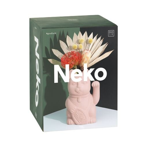 Neko Vase box. Displayed in front of a white bckground. The box shows the cat figurine vase with the word "Neko" displayed on the two sides as well as across the front of the box. 