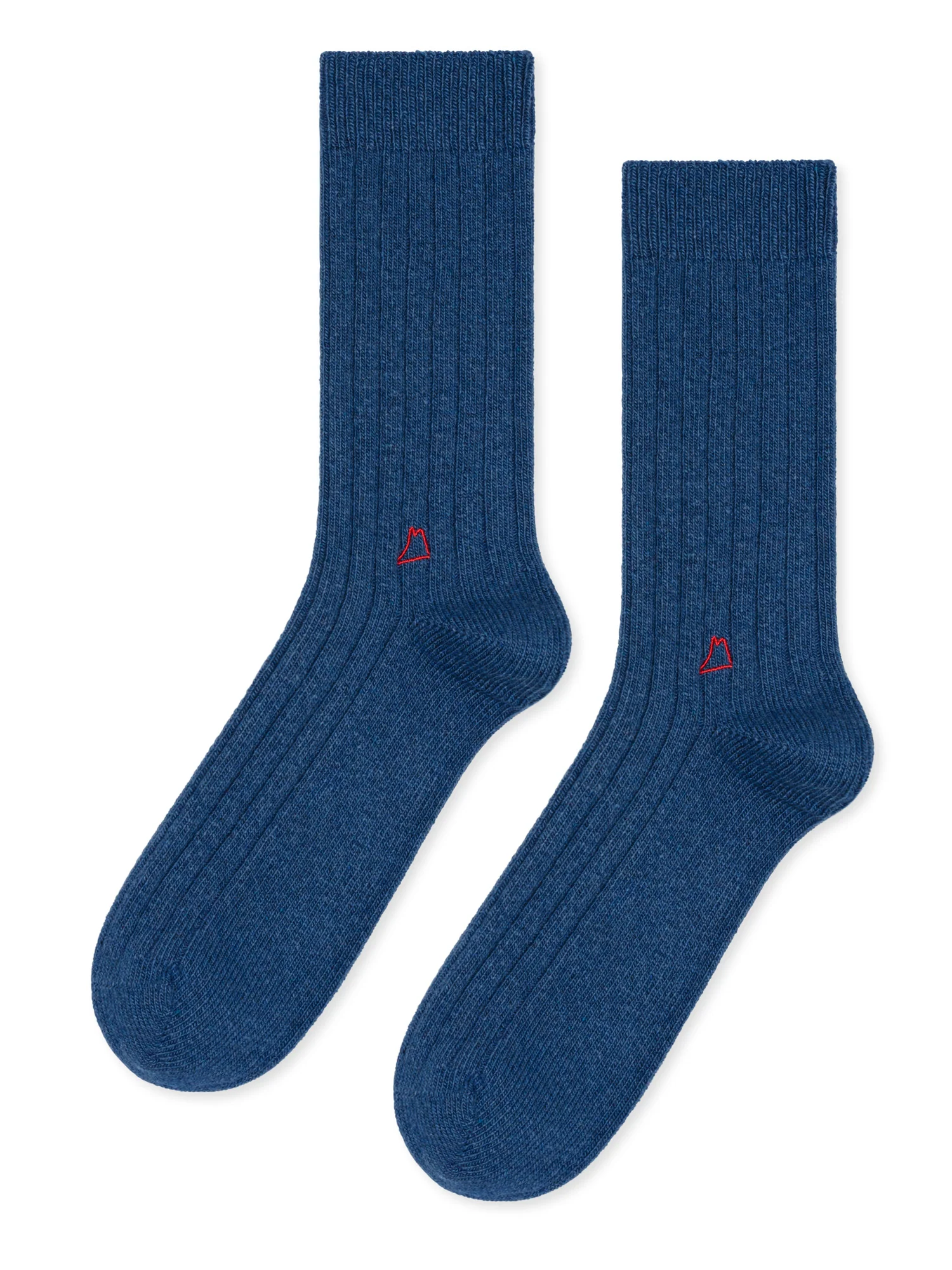 blue cashmere socks against a white background. 