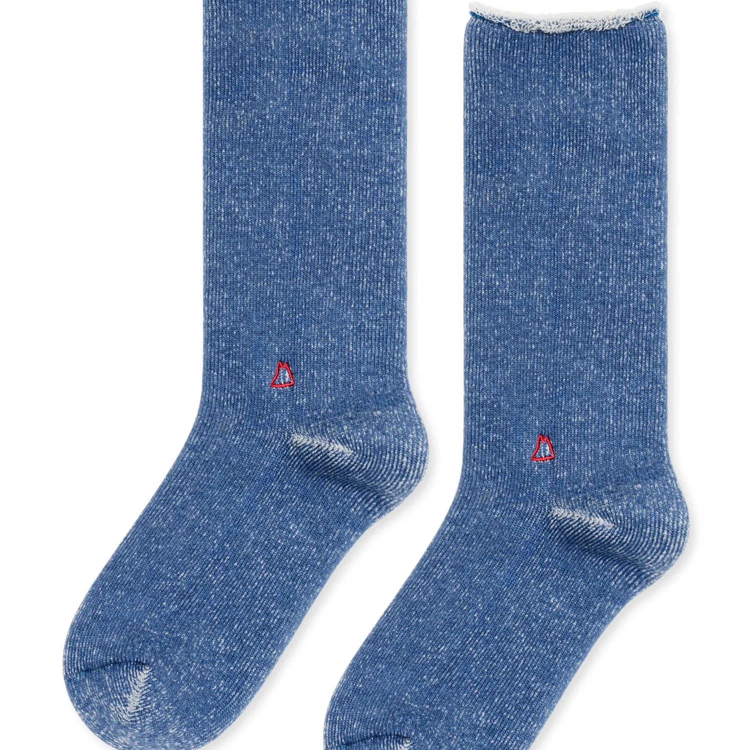 light blue pair of hoodie socks. Laid flat on top of a white background. 