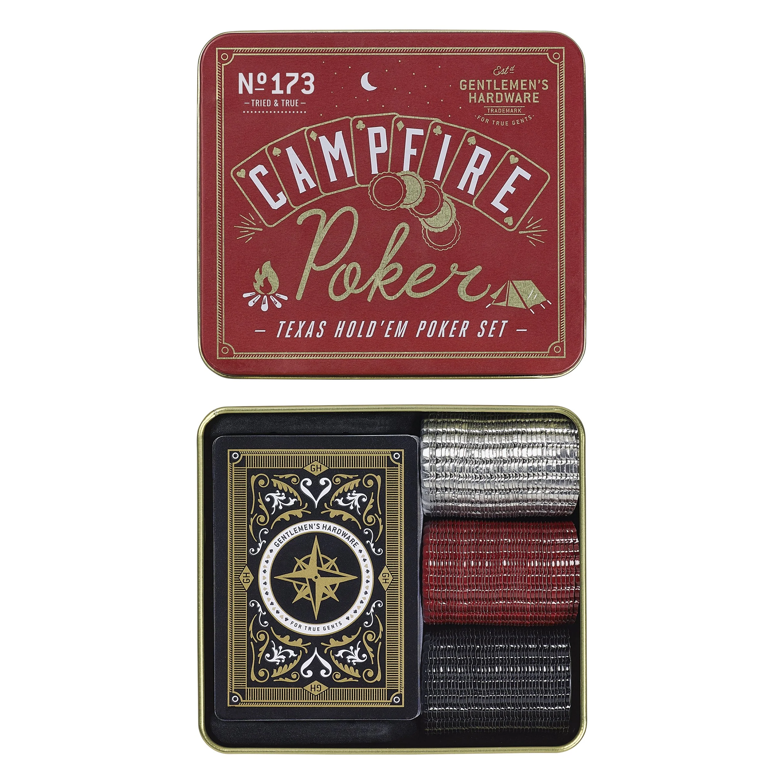 Campfire game  pack with lid removed to show inside contents. 