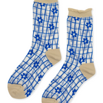 sheer socks with a grid-like pattern. small flowers are part of the blue pattern. Rolled top detail, aid in front of a white background. 