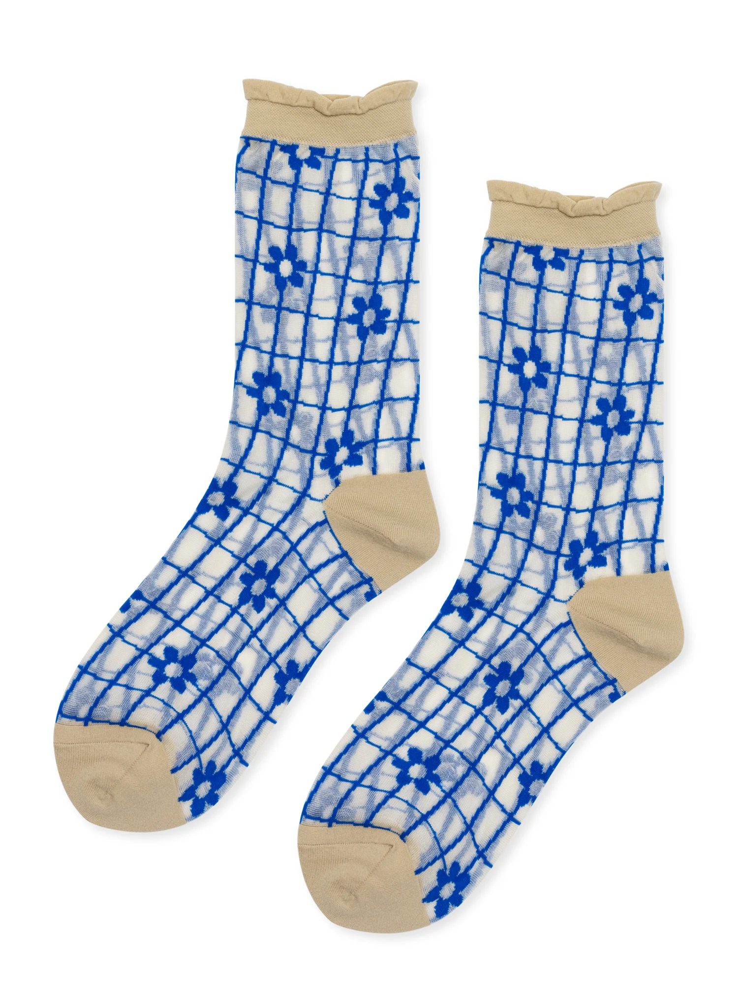 sheer socks with a grid-like pattern. small flowers are part of the blue pattern. Rolled top detail, aid in front of a white background. 