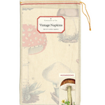set of napkins folded into muslin bag with a sticker in the middle of the bag that reads "Vintage Napkins". A small sticker on the bottom right with tall mushroom signifying the style of napkin thats in the bag.