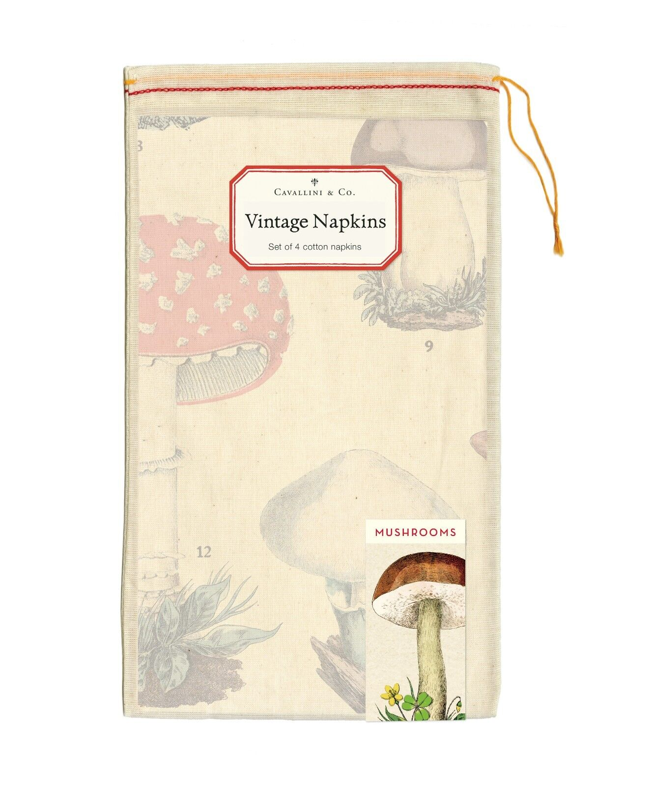 set of napkins folded into muslin bag with a sticker in the middle of the bag that reads "Vintage Napkins". A small sticker on the bottom right with tall mushroom signifying the style of napkin thats in the bag.