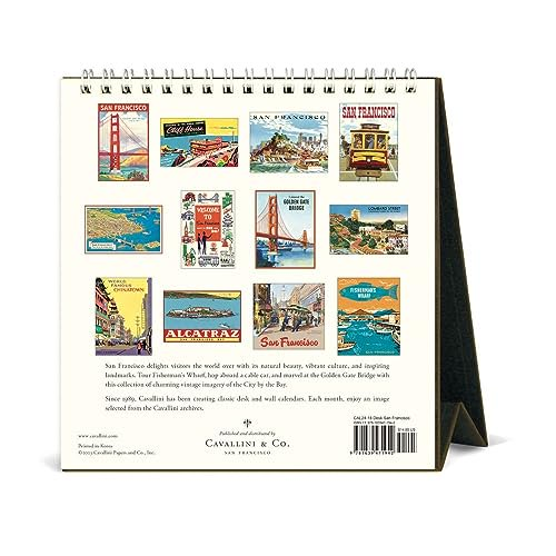 back of the calendar showing the 12 images that are in the calendar. Vintage  type graphics of San Francisco. 