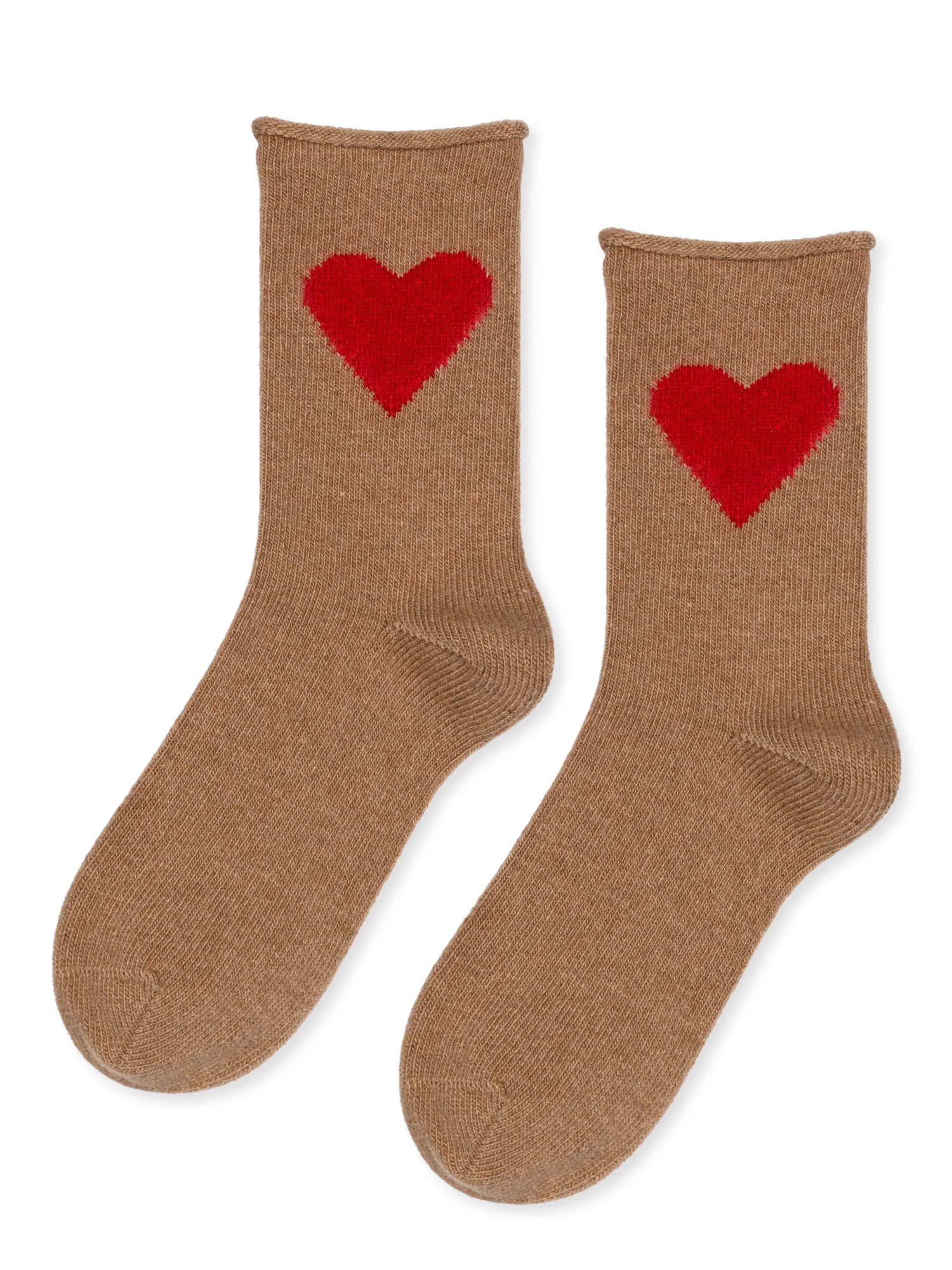 pair of tan cashmere socks that are laid flat. A big red heart is shown on the side and the top of the sock has a slight rolled look