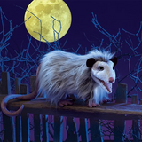 opossum puppet standing on a fence, under a full moon with its mouth ajar. 