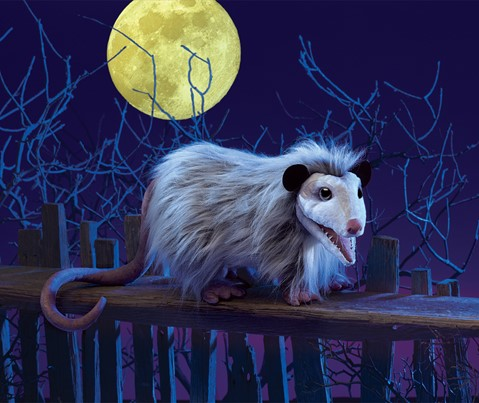 opossum puppet standing on a fence, under a full moon with its mouth ajar. 