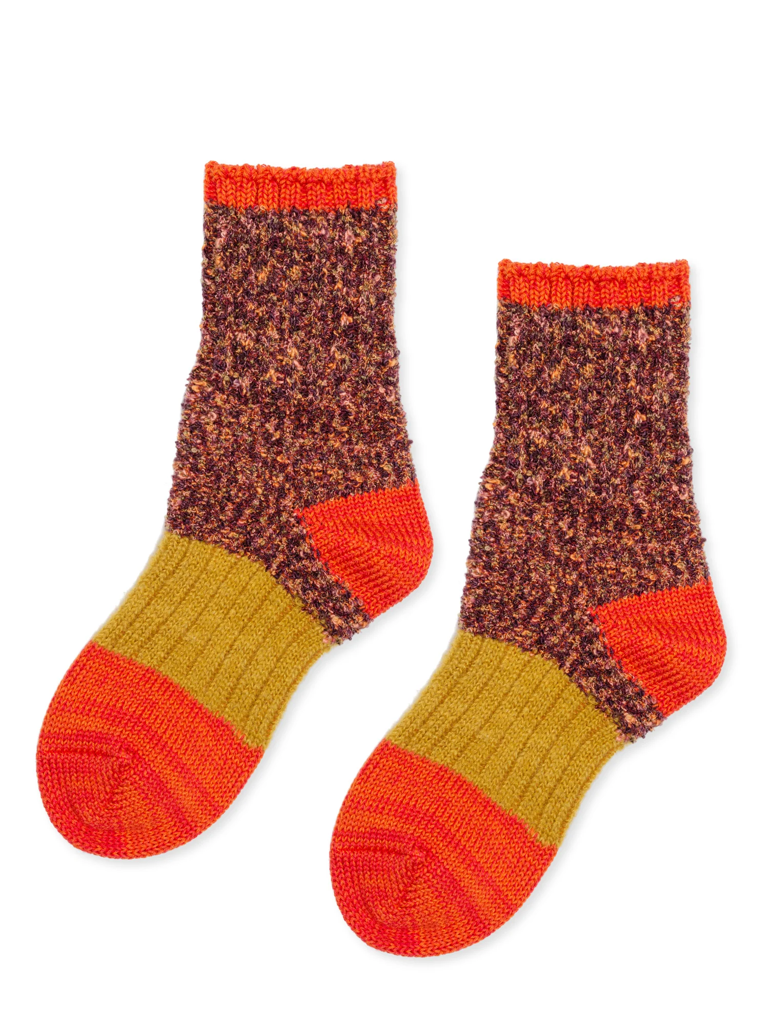 colorblocked socks made in alternating colors and thicknesses. 