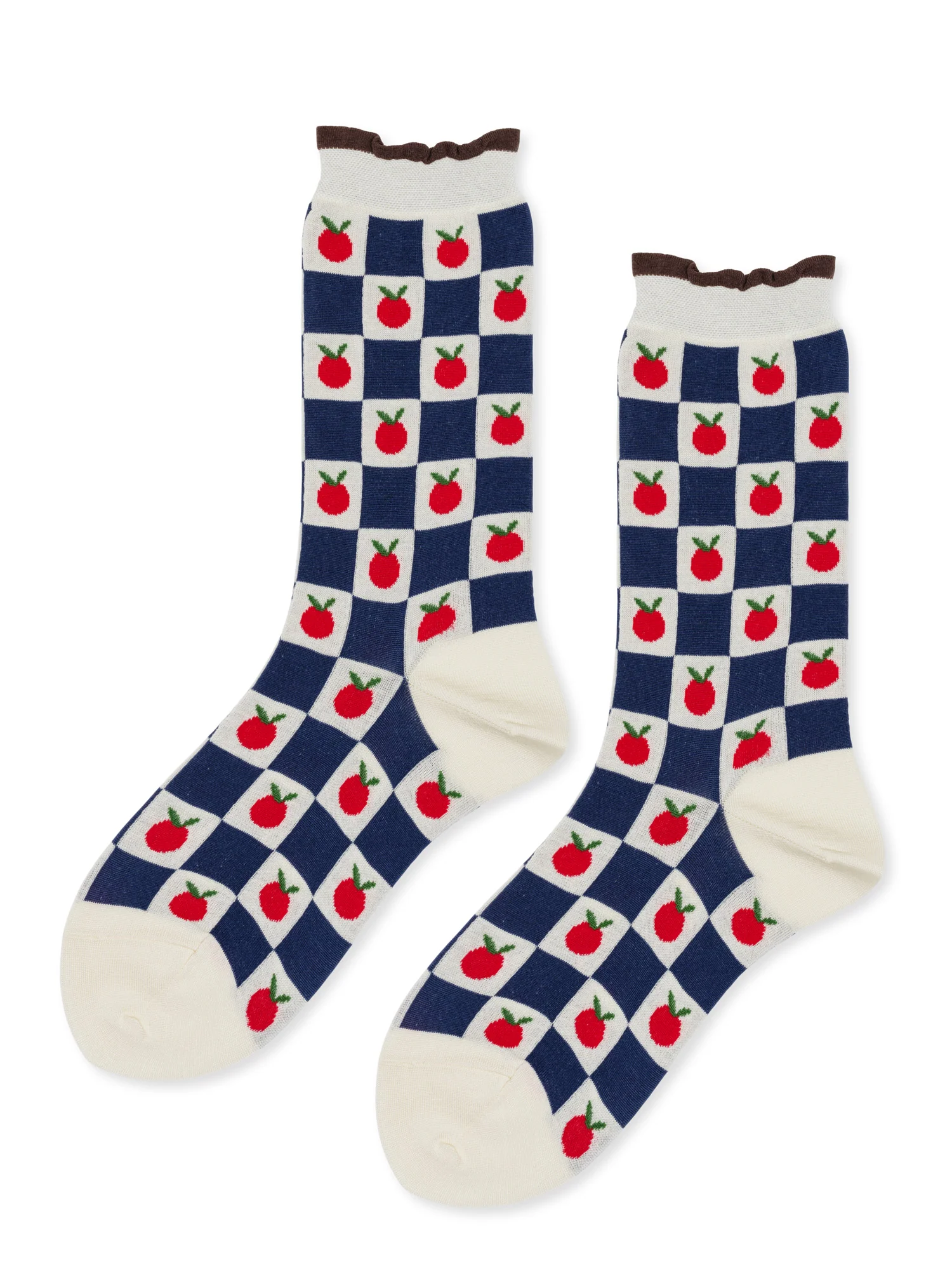 pair of socks with a checkered pattern. Inside the white squares are small individual tomatoes. 