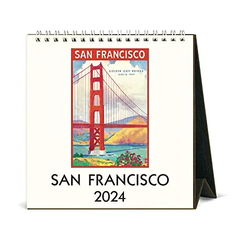 A small spiral bound calendar displaying a cover of the Golden Gate Bridge.