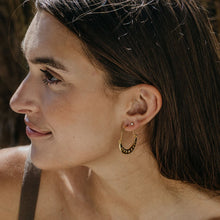 Load image into Gallery viewer, Moon Phases Crescent Hoop Earrings on Model
