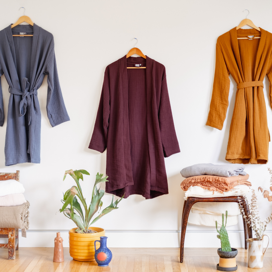 Alaia Robes in Agean, Wine & Rust (from left to right)