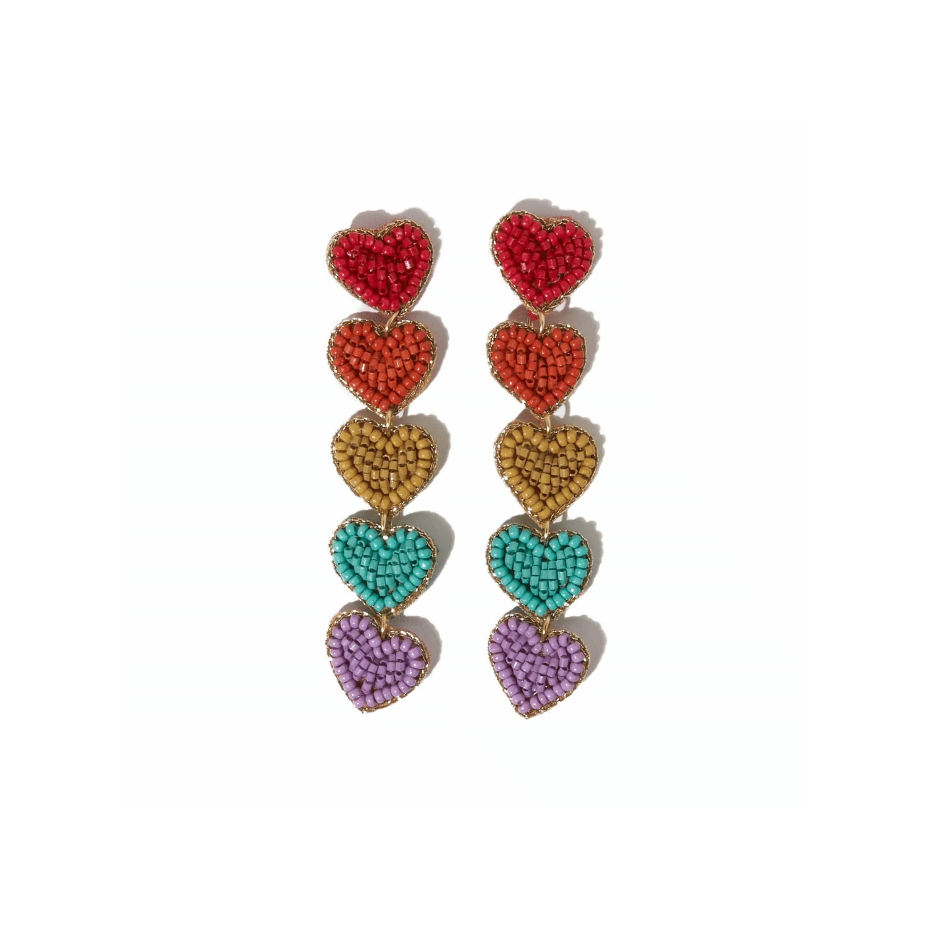 5 Heart Dangle Post Earrings in Red Rainbow